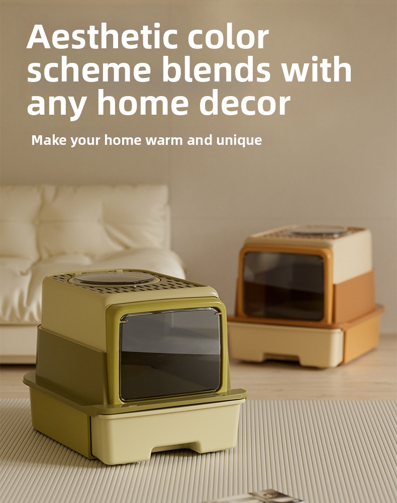 Qinggu Extra Large Olive Dreischicht-Katzentoilette mit Schublade, UV-C-Sterilisation, spritzwassergeschützt, Haustierbedarf_voghion.com