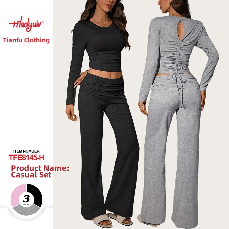 Damen-Set aus langärmligem Crop-Top und Hose, geripptes Strick-Zweiteiler-Outfit, lässige Streetwear, Hose mit lockerer Passform und Kordelzug_voghion.com
