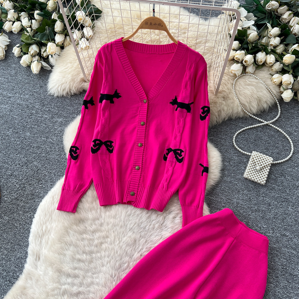 Women's European American Style V Neck Cardigan Top Wide Leg Trousers Knit Two Piece Set Slim Fit Elegant Autumn Winter_ecoleips.com