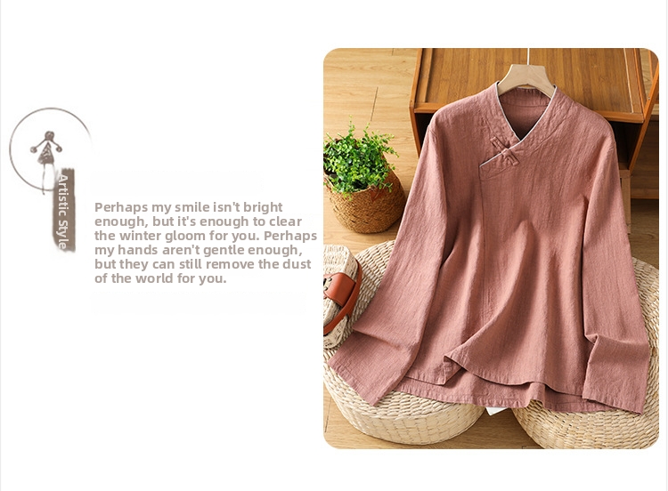 Blusa mujer estilo chino cuello v manga larga algodón y lino_voghion.com
