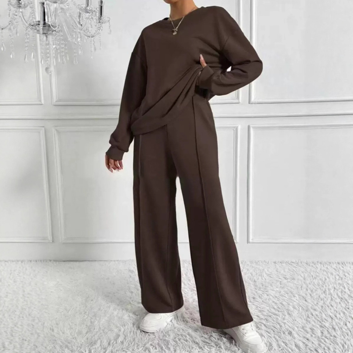 Women's Solid Color Two Piece Suit Round Neck Long Sleeve European American Style Temperament Hot Selling Ins Fashion Set_voghion.com