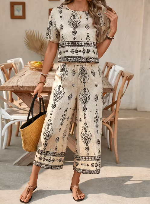 Damen Zweiteiler Set Mit Ethnischem Muster Kurzarm Elegant_voghion.com
