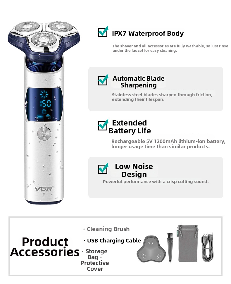 VGR328 Men's Electric Shaver With LCD Digital Display IPX7 Waterproof Three Head Floating Personal Care Home Appliance_voghion.com