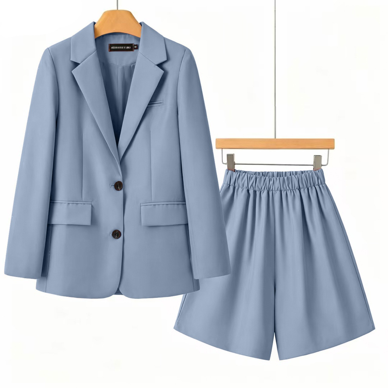 Petite Women's Hazy Blue Korean Style Suit And Shorts Set Relaxed Casual Versatile Slimming Two Piece Set_ecoleips.com