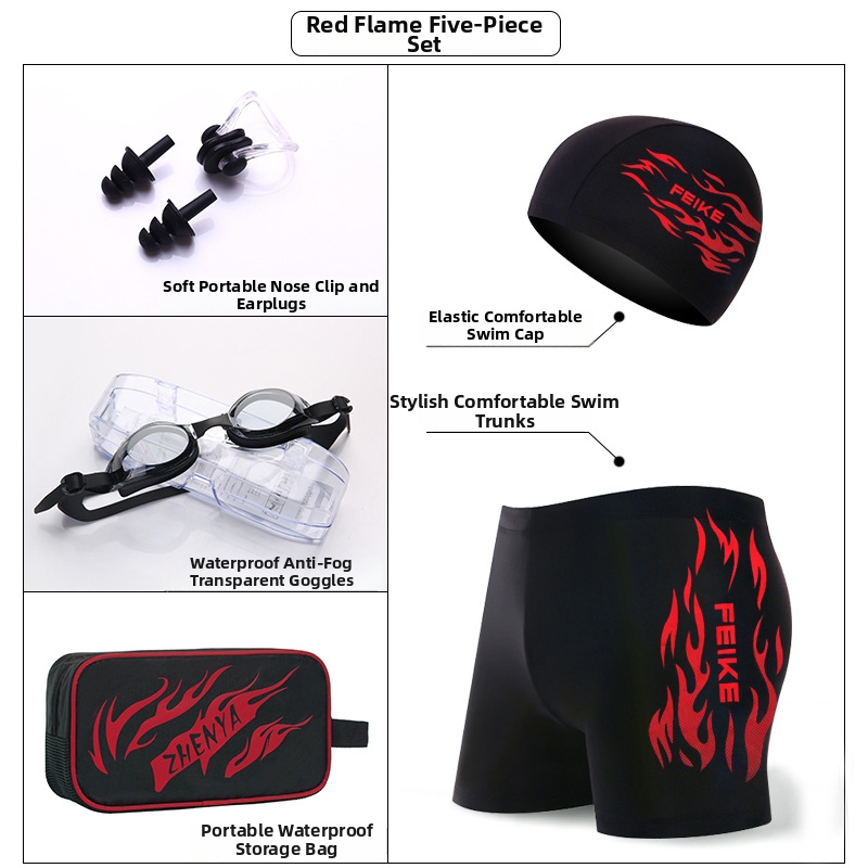 Zwembroek voor heren in grote maten, sneldrogend, comfortabel badpak voor volwassenen met vlammenpatroon, complete set voor warmwaterbronnen inclusief zwembril en badmuts._voghion.com