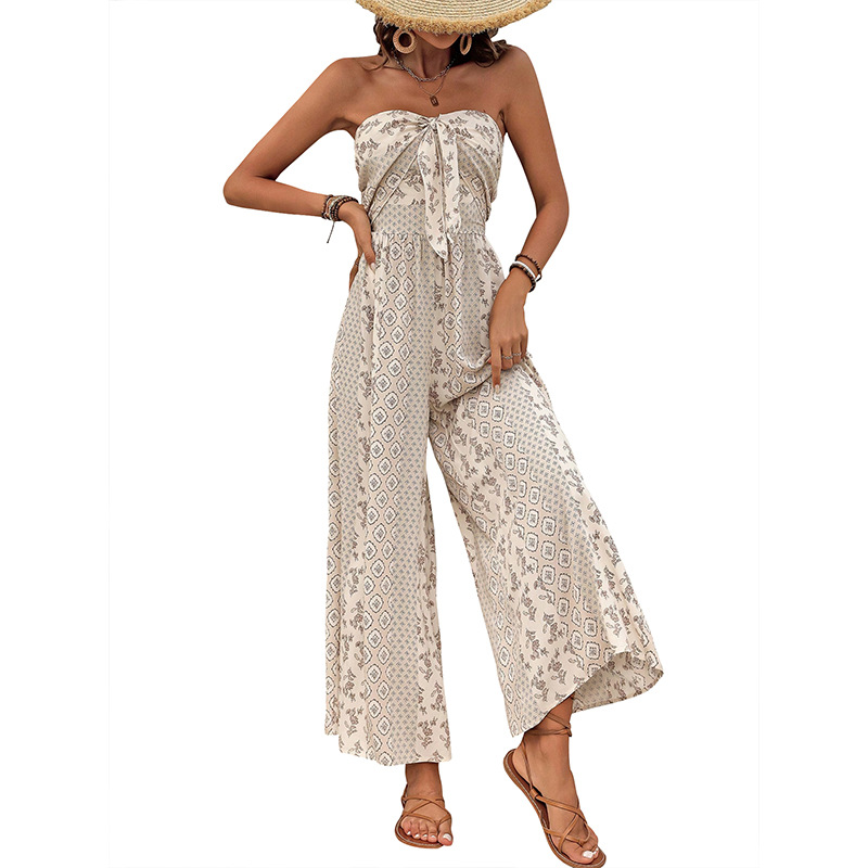 Women's Clothing High Waisted Drawstring Wide Leg Jumpsuit Patchwork Ethnic Style Casual Summer Romper_voghion.com