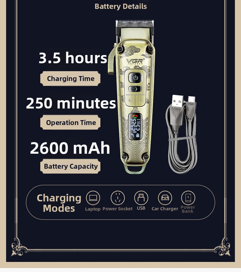 VGR005 Retro Electric Hair Clipper LCD Digital Display Professional Salon And Home Use Rechargeable Metal Hair Clipper_voghion.com