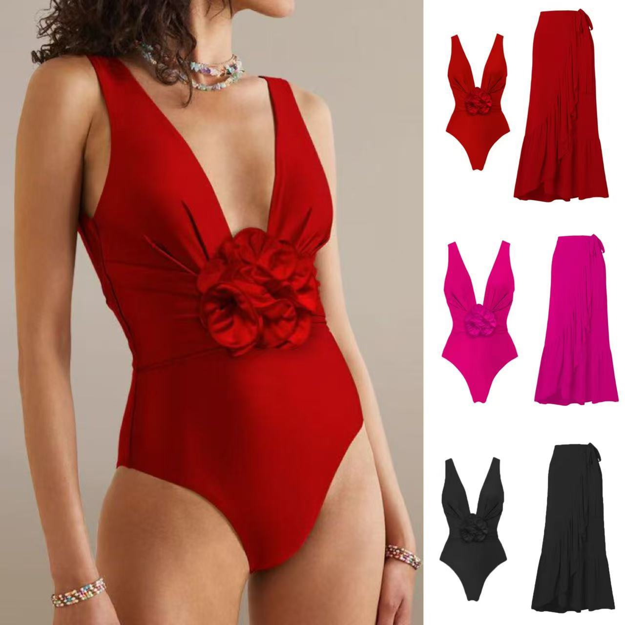Damen-Einteiler-Badeanzug mit 3D-Blumenmuster, bauchverdeckendem Netzrock, Badebekleidung für heiße Quellen_voghion.com
