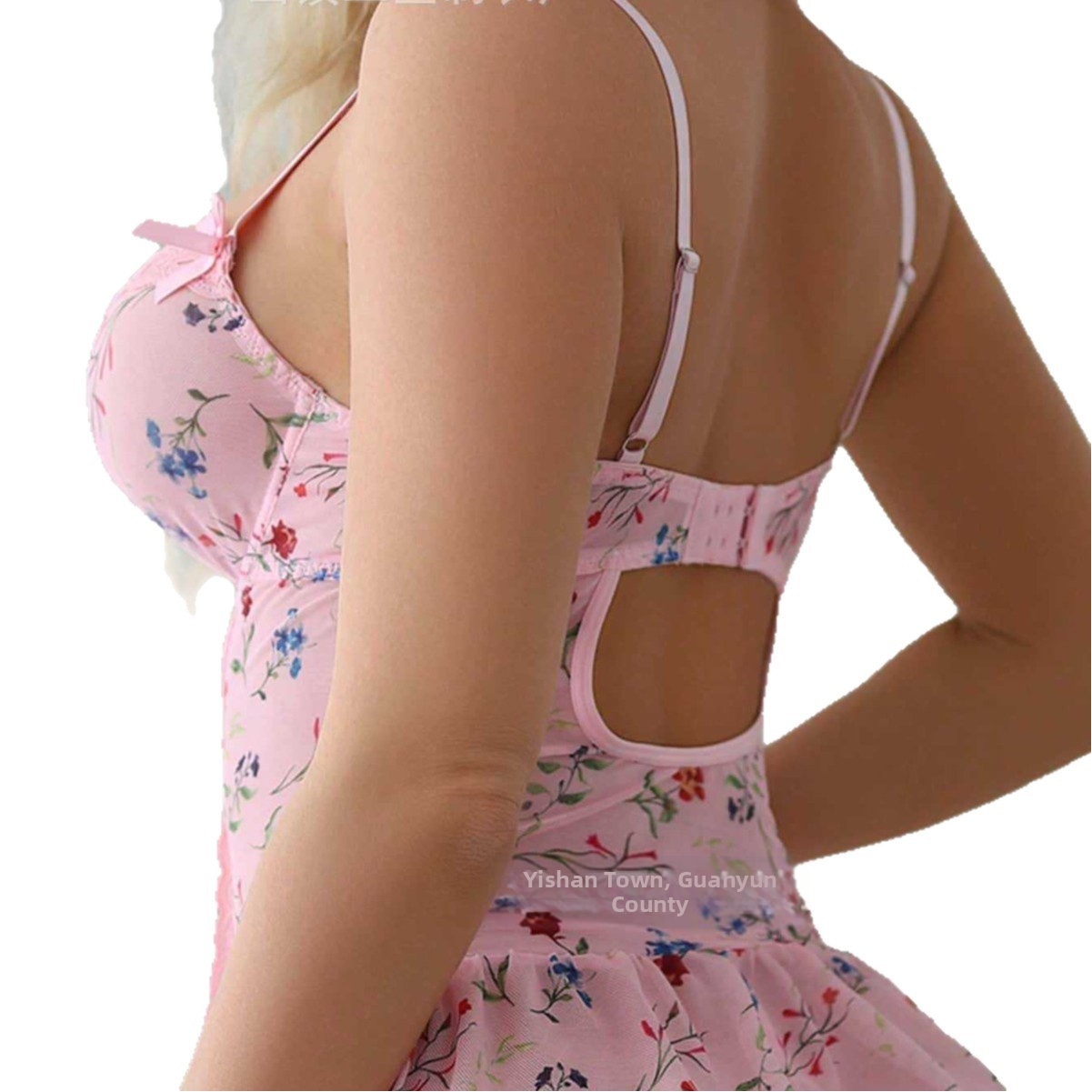 Completo intimo sexy da donna in stile americano con stampa floreale, canotta in pizzo ricamato, rosa trasparente, taglia XXL_voghion.com