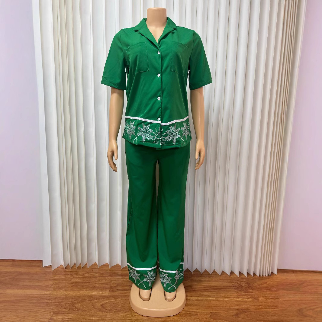 Women's Stylish V-Neck Embroidered Cardigan & Straight Leg Pants Set - Breathable Polyester Two-Piece Outfit With Functional Pockets_ecoleips.com