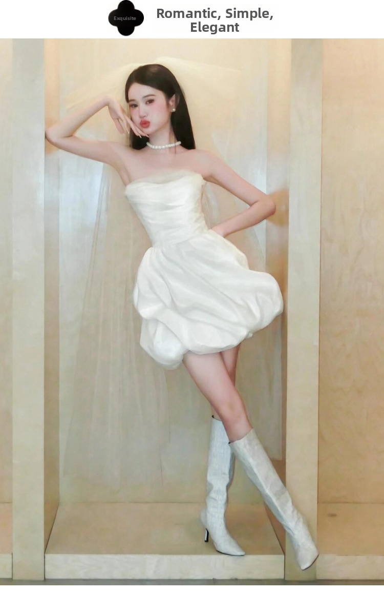 Petite French Style Satin Strapless Wedding Dress White Morning Robe Short Dress for Marriage Registration And Engagement_ecoleips.com