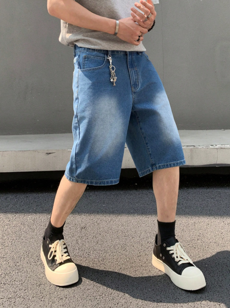 Summer Men's Denim Shorts High Street Style Classic Simple Non-Stretch Loose Fit Mid-Length Trendy Five-Point Design_viptrois.com
