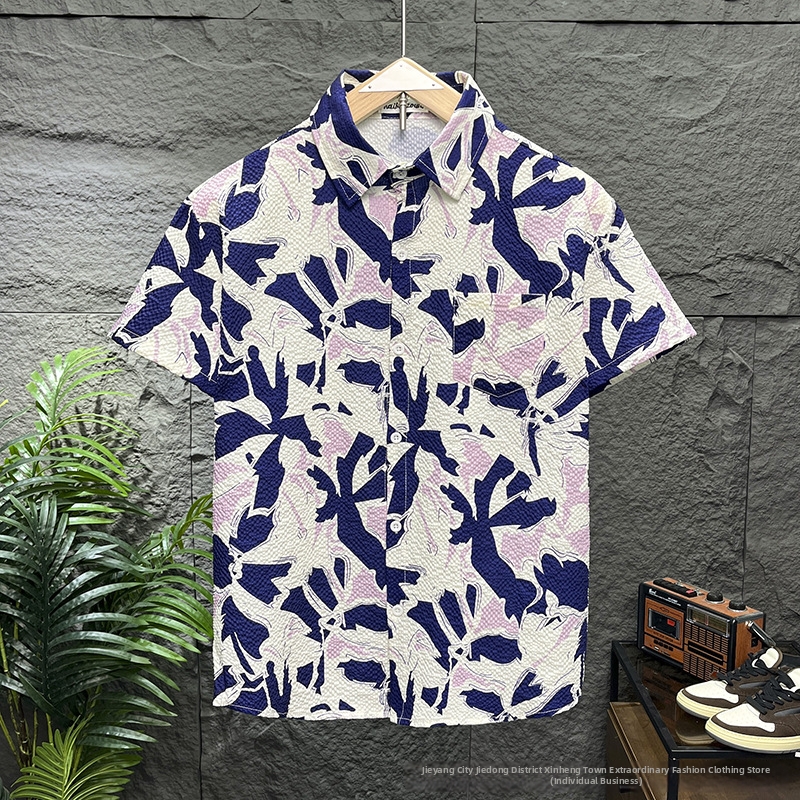 Men's Seersucker Short Sleeve Shirt, Japanese Retro Style Bubble Texture Casual Shirt, Lightweight Breathable Loose Fit Summer Top_viptrois.com