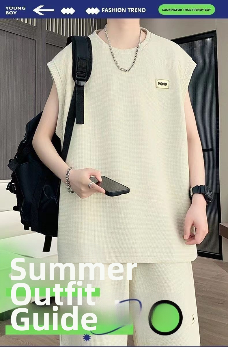 Men's Clothing Men's Style Ice Silk Sleeveless Vest Casual Sports Suit Summer Trendy Two Piece Set For Students_viptrois.com