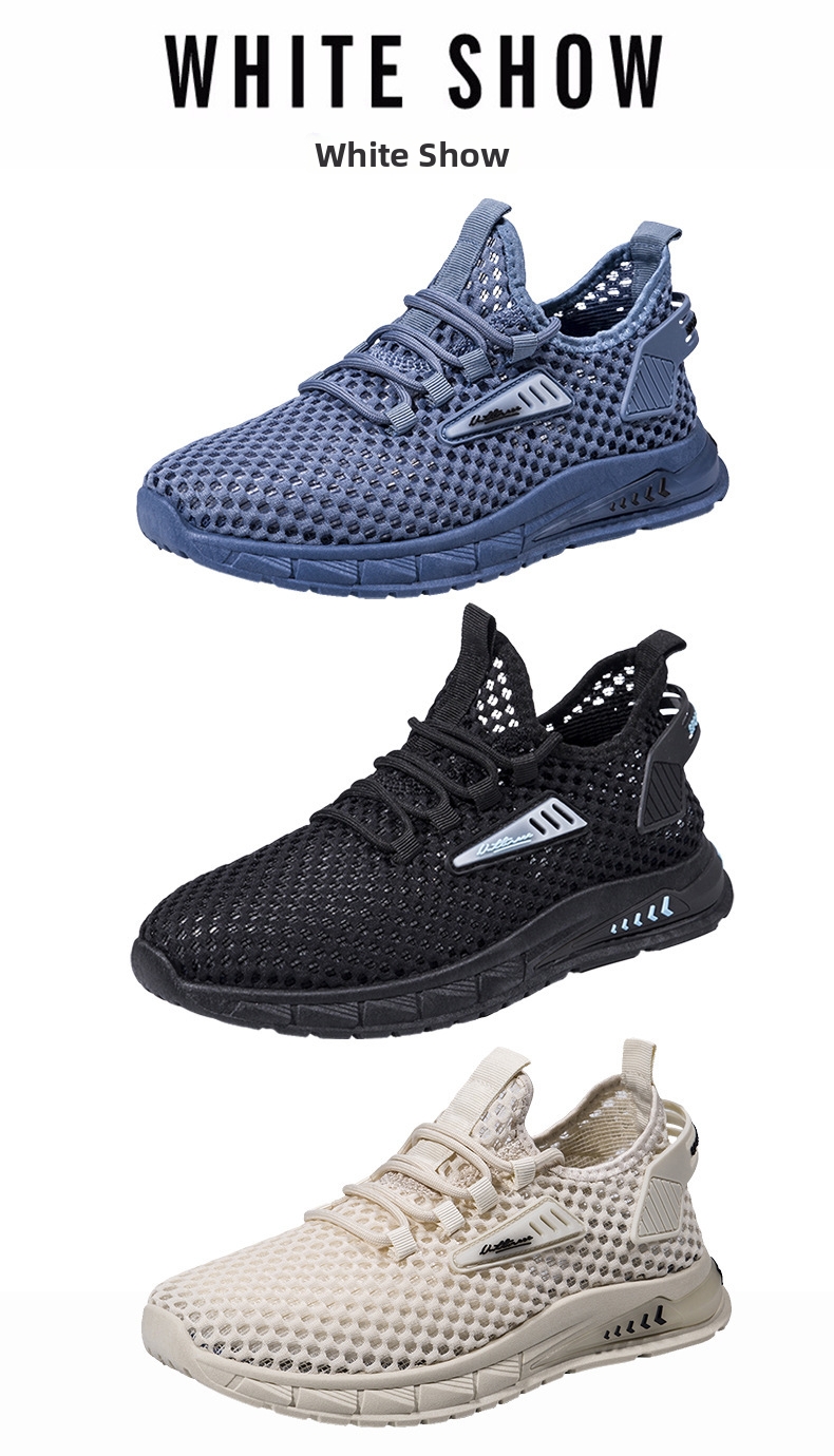 Men's Summer Sports Shoes Breathable Mesh Hollow Out Lightweight Flyknit Size 39-48 White Black Casual_voghion.com