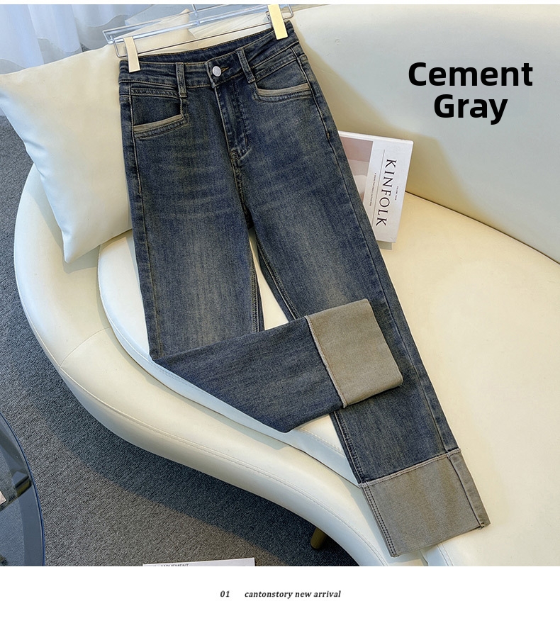 Women's Slim Fit Straight Leg Jeans Stretchy Cuffed Cropped Baguette Pants Spring Autumn Popular Style_mkmklike.com