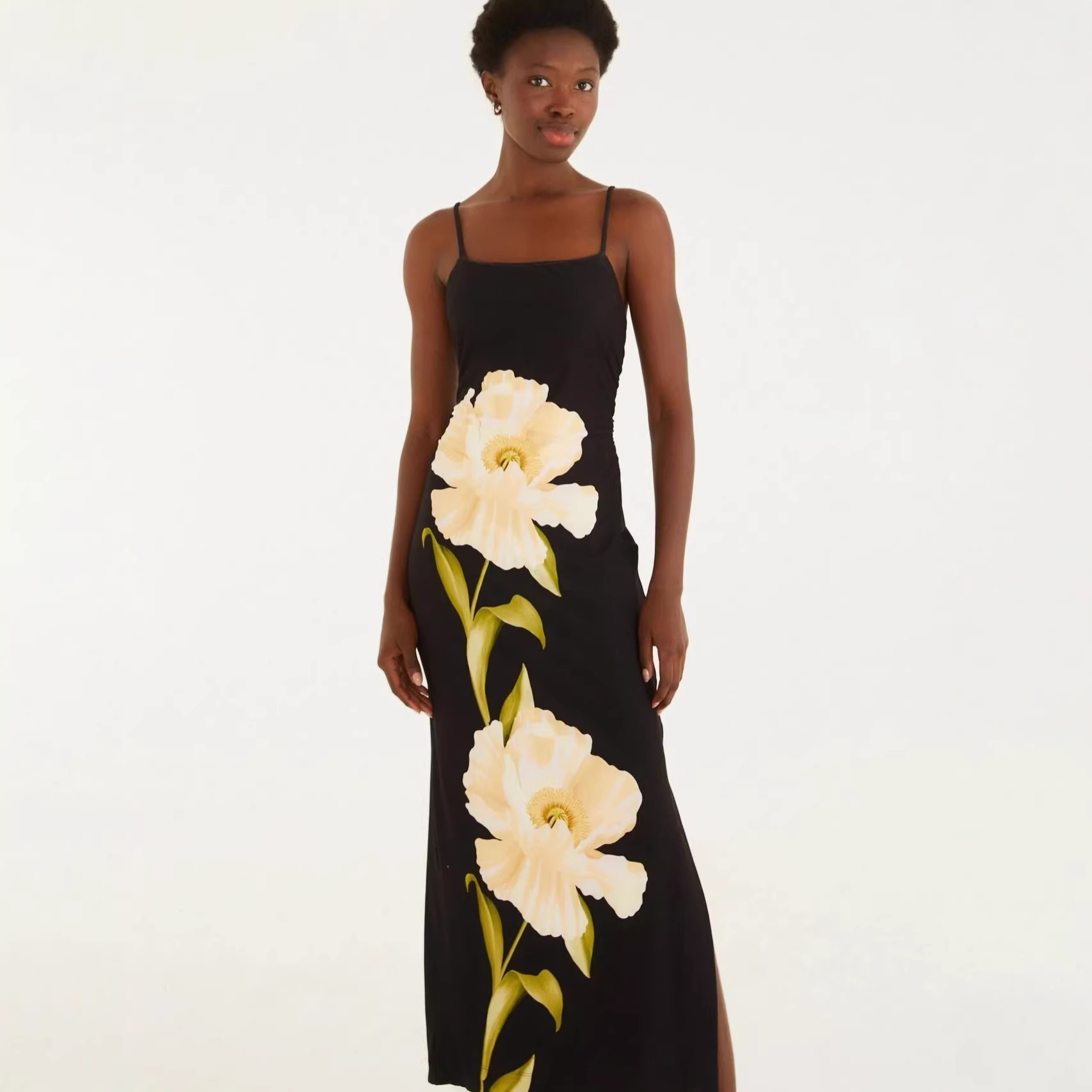Slim Fit Off Shoulder Halter Dress Floral Print Color Block Style Spring Summer Long Skirt Women's Clothing_ecoleips.com