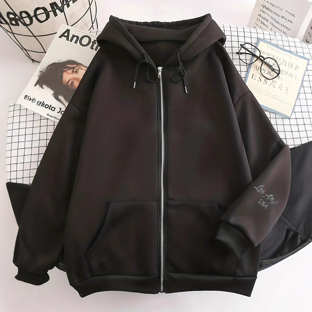 Women's European American Style Letter Print Hooded Sweatshirt Zip Up Casual Fashion Jacket Autumn Winter_ecoleips.com