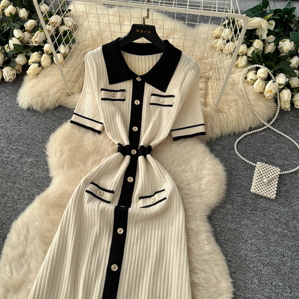 Retro Chic Fashion Polo Collar Dress For Women Short Sleeved Knitted With Metal Buckle Fitted Waist Long Skirt_ecoleips.com