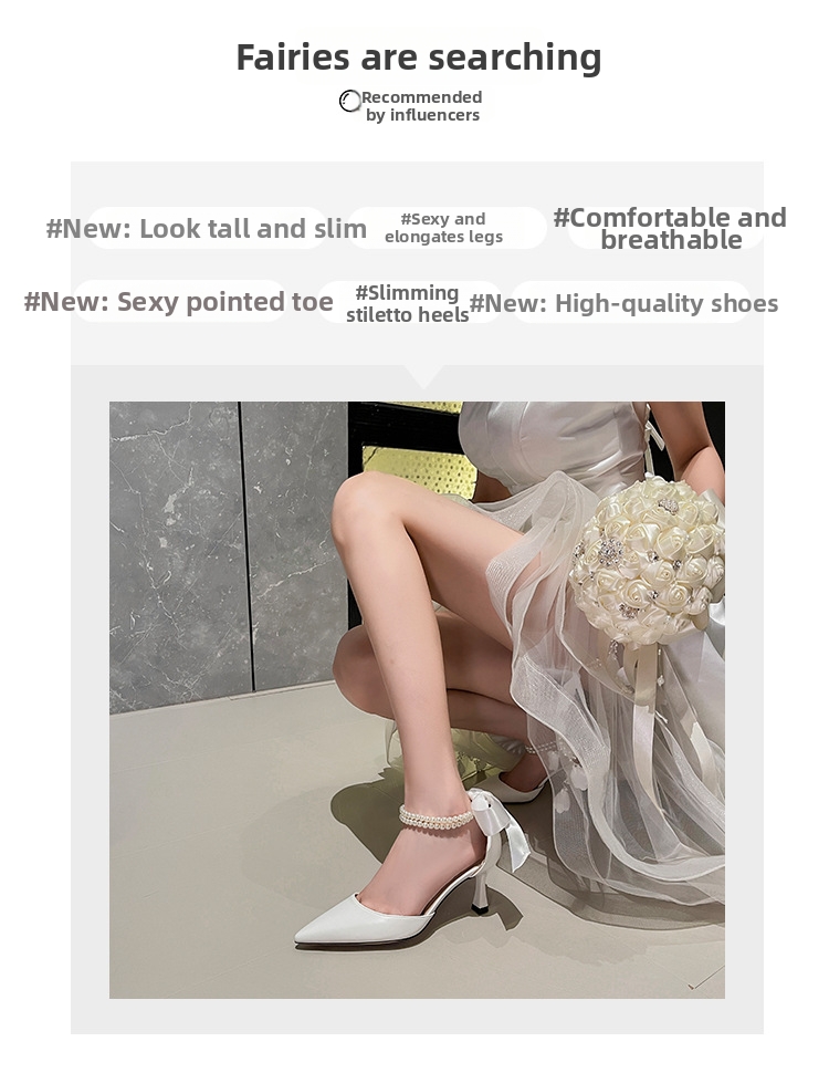 Women's French Style Elegant High Heels Pointed Toe Hollow Pearl Chain Bow Stiletto Pumps White Wedding Shoes Chunky Heel Plus Size_vogvips.com