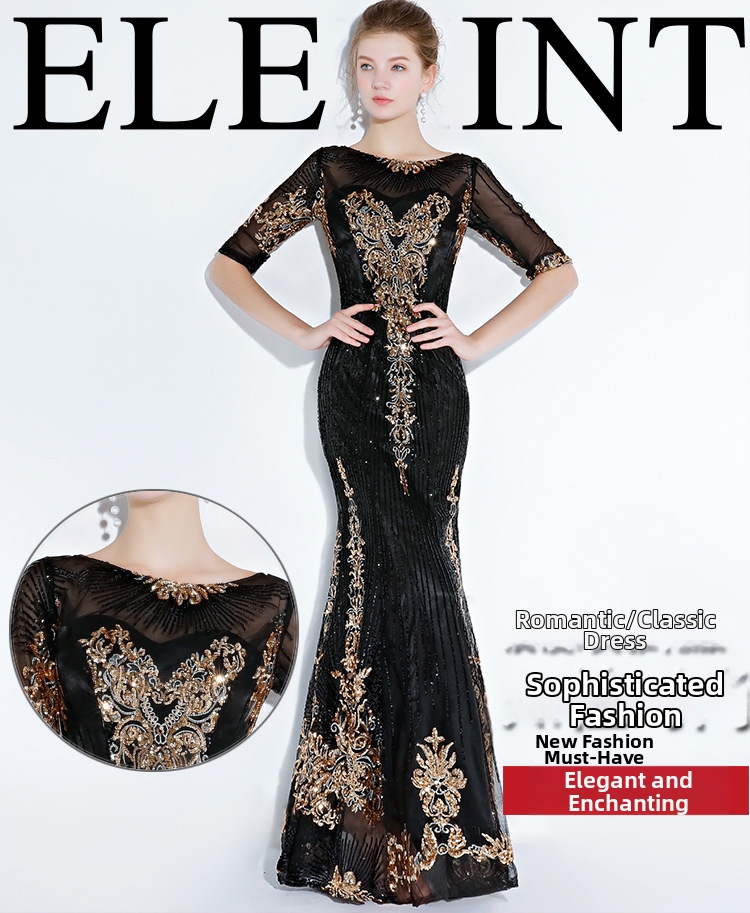 Black Mermaid Evening Gown Elegant Long Banquet Dress for Women Dignified Sophisticated Suitable for Presenters Performances_ecoleips.com
