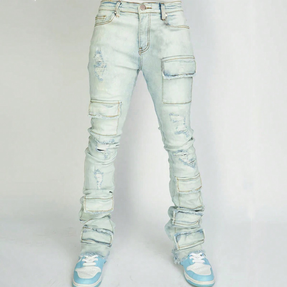 Men's Clothing Men's Straight Leg Denim Workwear Pants Fashionable Style Elastic Waist Hole Design Layered Flared Jeans_mkmklike.com