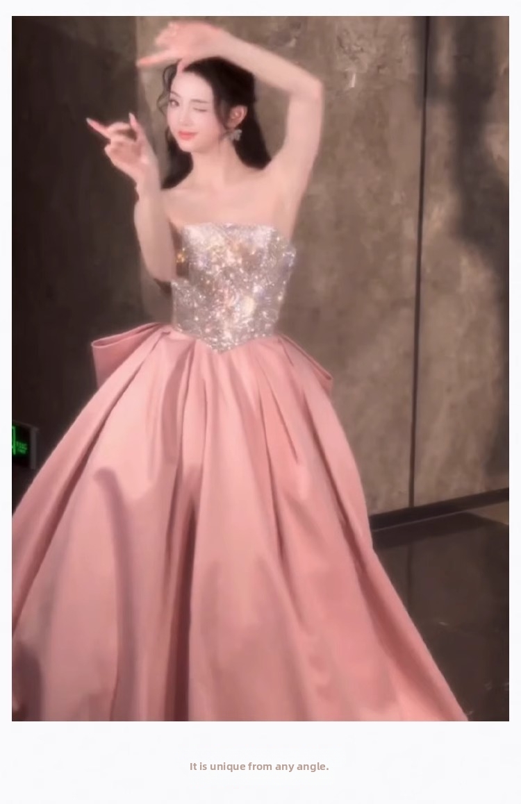 Pink Glitter Strapless Evening Dress New Style Princess Ball Gown For Student Vocal Music Exam Fairy Tale Banquet Wear_ecoleips.com