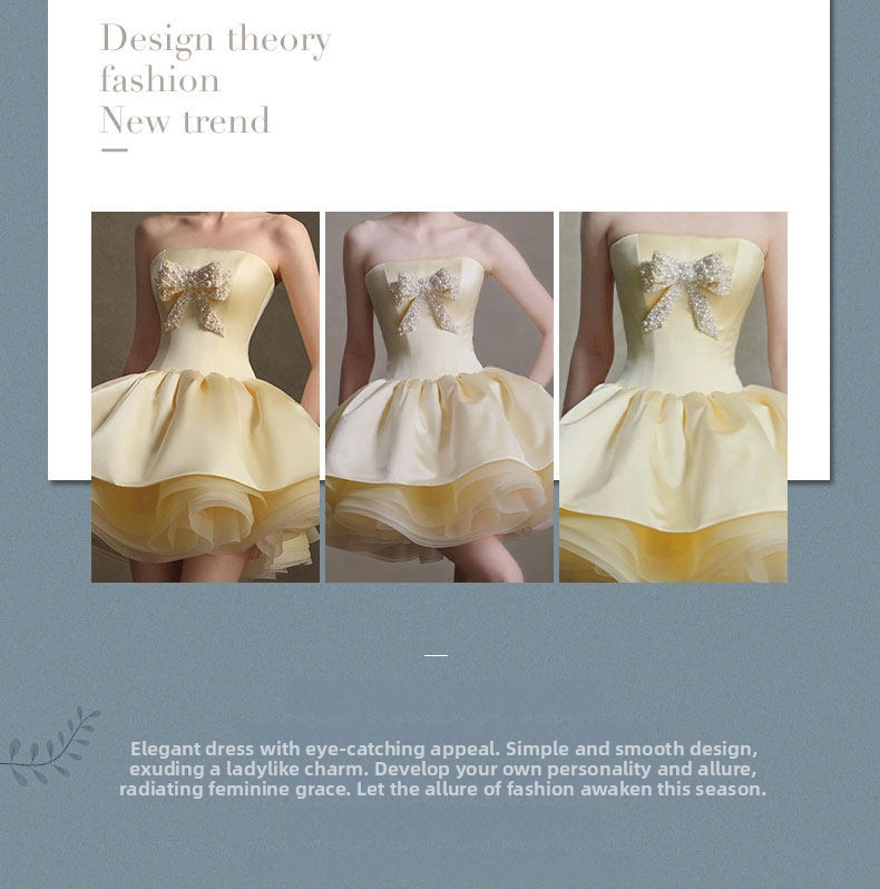 Petite Strapless Evening Gown French Style Bridal Toast Dress Elegant Short Princess Wedding Party Wear for Women_ecoleips.com
