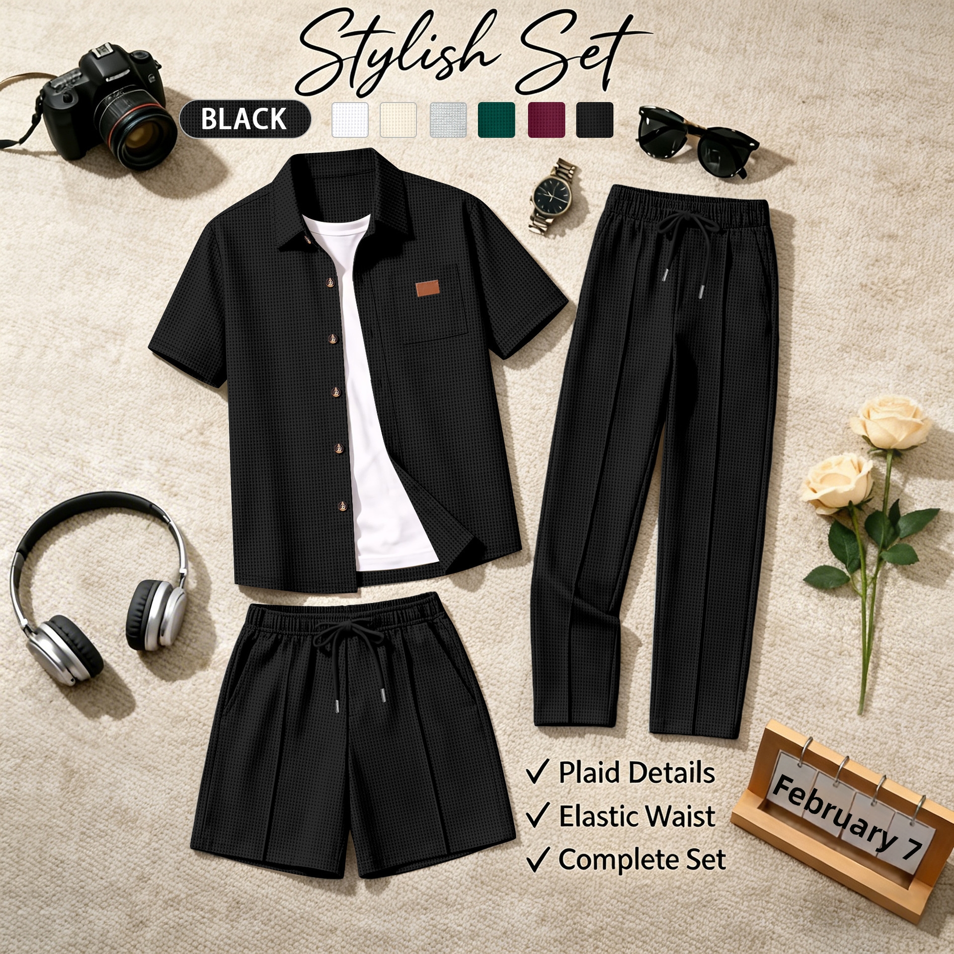 Herren Waffelstrick Dreiteiler Set Für Sommer Und Frühling_voghion.com