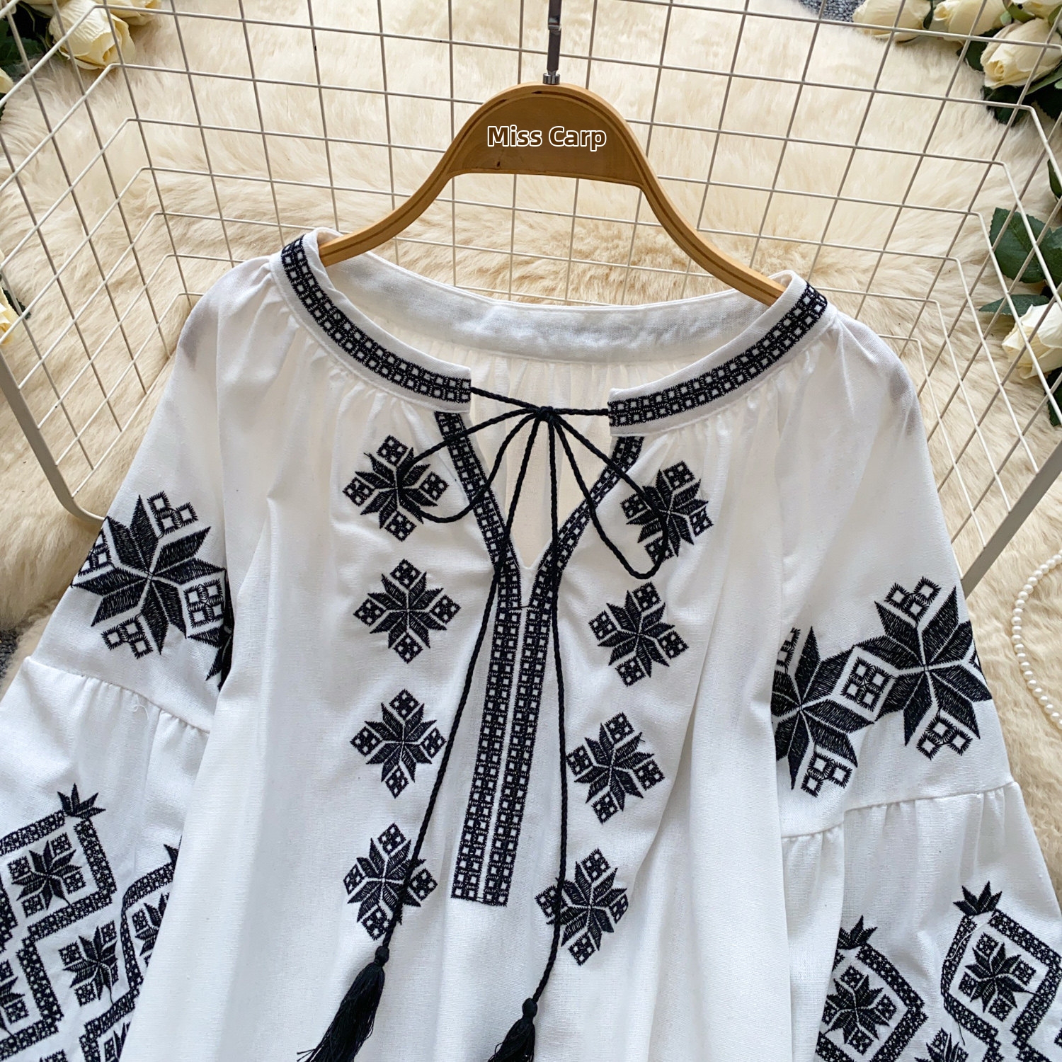 Women's Bohemian Style Tie Waist Blouse Korean Summer Loose Fit Top Heavy Embroidery Lantern Sleeve Slimming Blouse_ecoleips.com