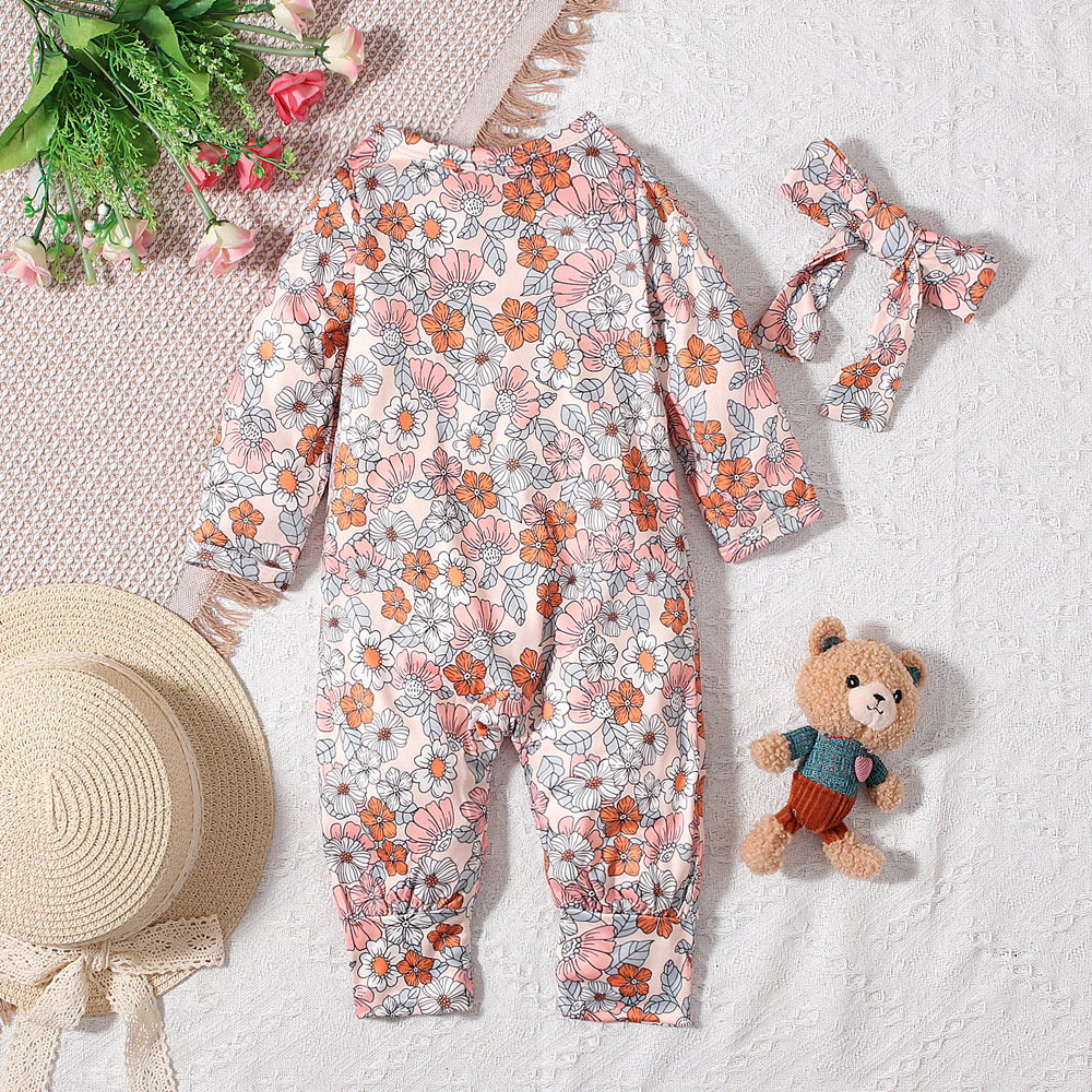 Mother & Kids Girls' Printed Pattern Romper With Headscarf Long Sleeved Style Spring Autumn Clothing For Kids_voghion.com