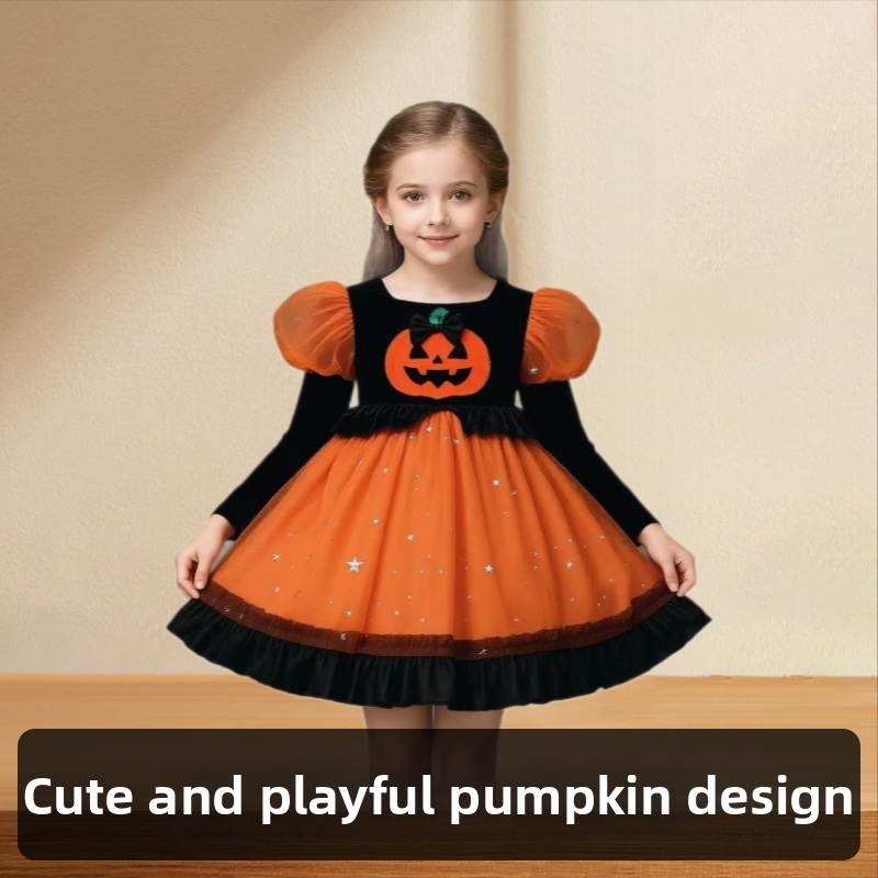 Halloween Performance Costume For Kids Toddler Girls With Puff Sleeves Ghost Face Pumpkin Lantern Black Orange Color Block Mesh Tulle Skirt_voghion.com