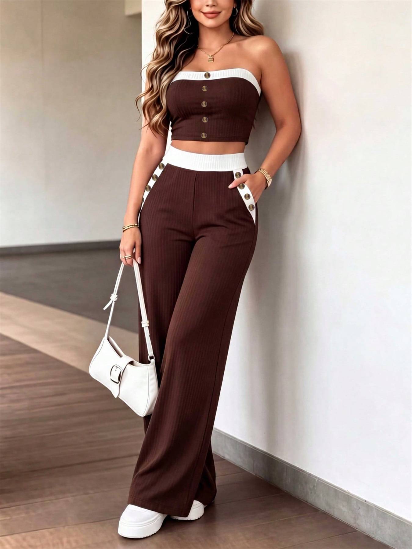 Women's Summer Fashion Two Piece Set Color Block Tube Top with Elastic Waist & Pocket Trousers Sleeveless Independent Website Exclusive_ecoleips.com