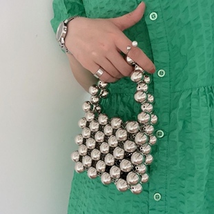 Finished metal design fashion silver ball handmade beaded mini portable small square bag female Western style handbag fashion