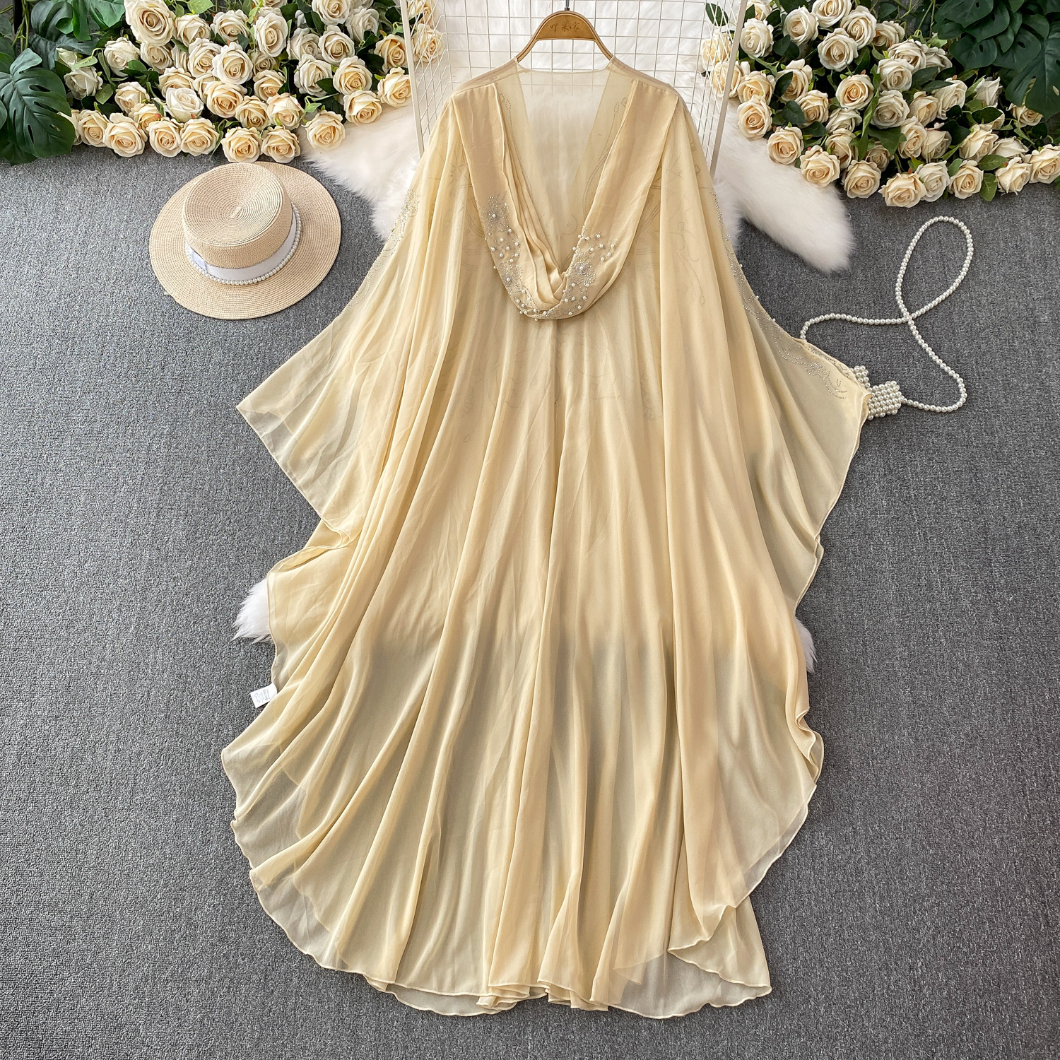 Women's Clothing Rhinestone Studded V Neck Hooded Dress Bell Sleeve Long Chiffon Asymmetrical Elegant Export Grade_ecoleips.com