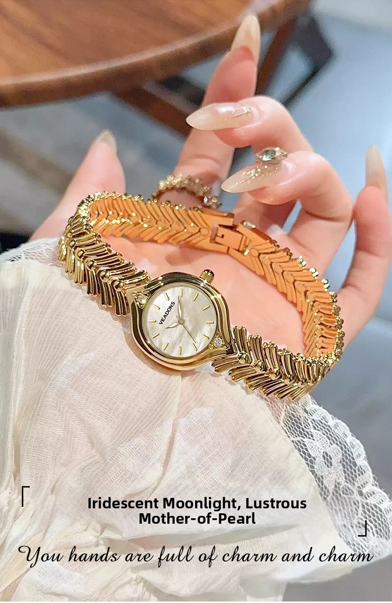 Guld damur quartz armbandsur med pärlemor urtavla retro stil_voghion.com
