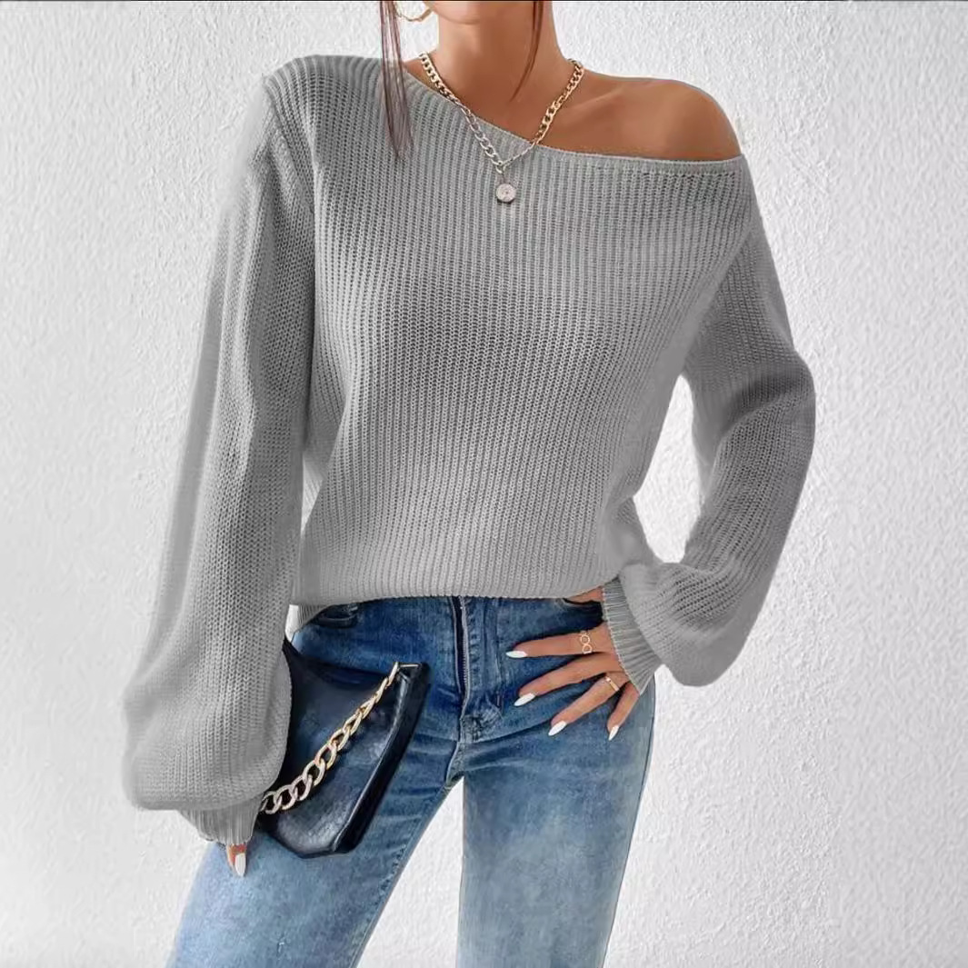 Women's Commuter Style Off-Shoulder Pullover Knitted Sweater Solid Color Loose Casual One-Shoulder Neck Autumn Winter Fashion_voghion.com