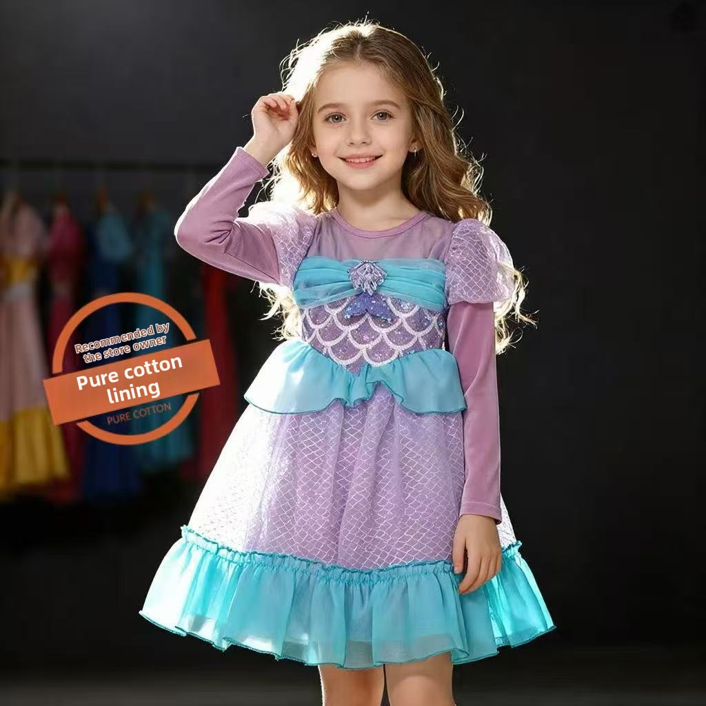 Vestido de falda abullonada morada para niñas, estilo coreano, moda de otoño, vestido de princesa sirena brillante para niñas de 8 a 16 años._voghion.com