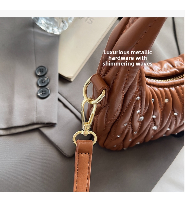 Borsa a tracolla da donna dal design plissettato alla moda con decorazioni di strass, borsa a tracolla casual di tendenza._voghion.com