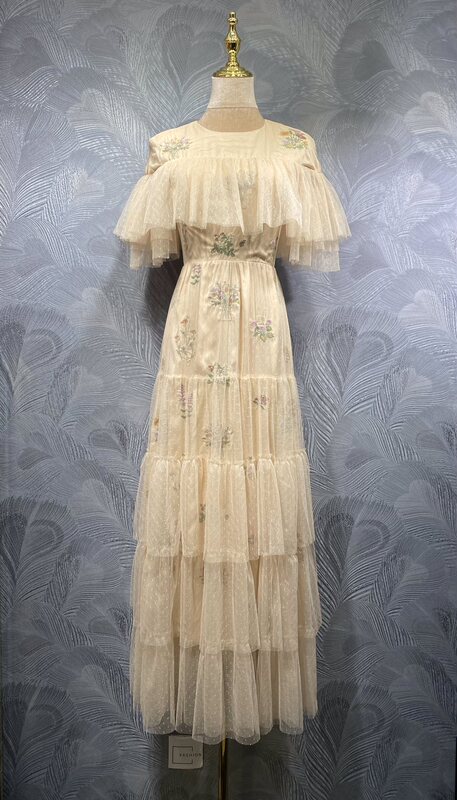 Fengyingying Foreign Trade Women's Clothing 2026 Spring New Collection Round Neck Mesh Embroidered Long Dress in Stock Real Photos