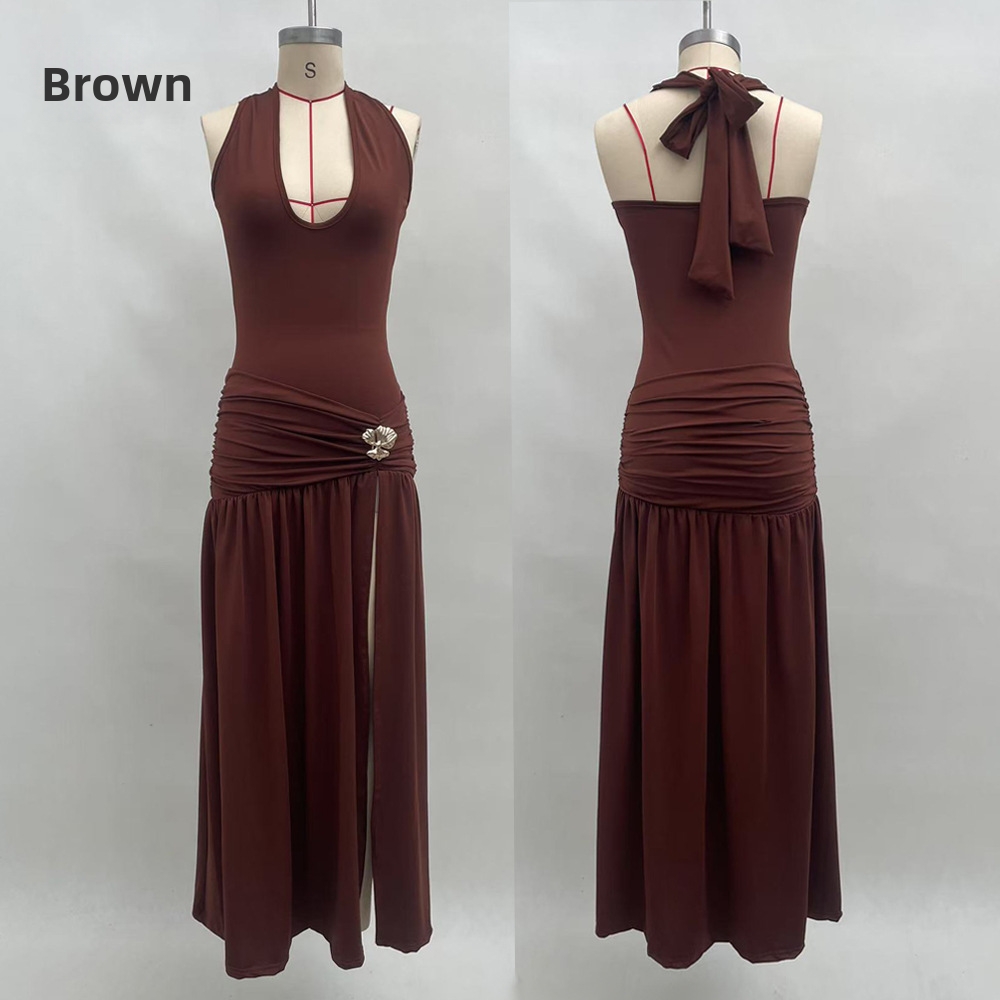 Summer Halter Backless Slit Dress – Stretchy Bodycon Midi Dress With High Leg Split (S-L, Soft Milk Silk Fabric, Sexy Evening & Club Wear)​_ecoleips.com