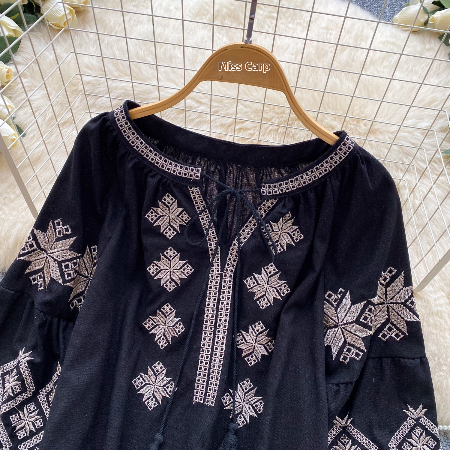 Women's Bohemian Style Tie Waist Blouse Korean Summer Loose Fit Top Heavy Embroidery Lantern Sleeve Slimming Blouse_ecoleips.com