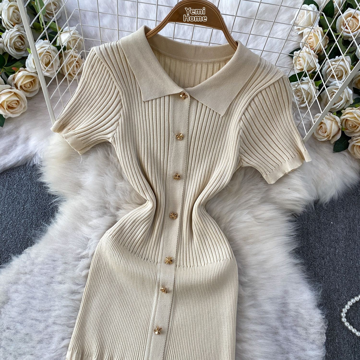 New Style Elegant Metallic Button Lapel Dress For Women, Summer Hollow Knitted Slim Fitting Fishtail Maxi Dress_ecoleips.com