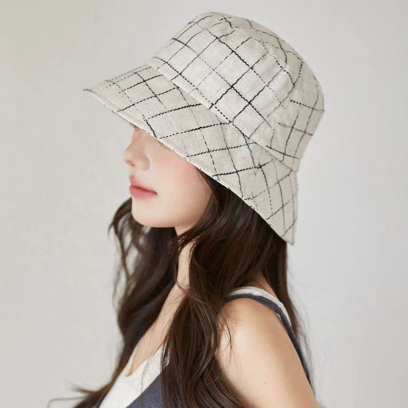 Spring and Summer New Linen Blend Bucket Hat, Unisex, Simple and Versatile Sun Hat, Plaid Casual Hat, Bucket Hat