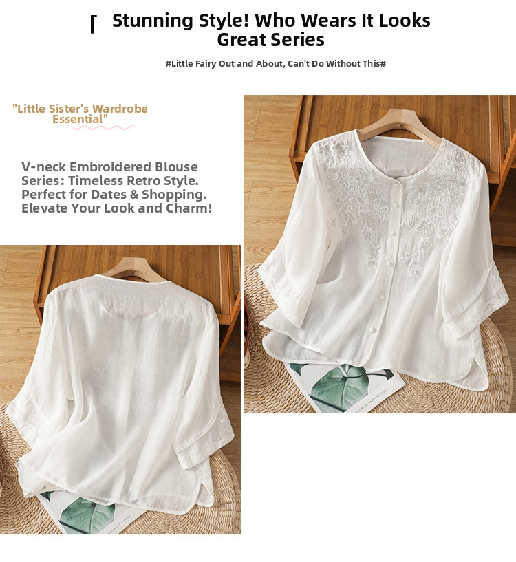 Damen Bluse Im Chinesischen Stil Mit Stickerei Und V-ausschnitt_voghion.com
