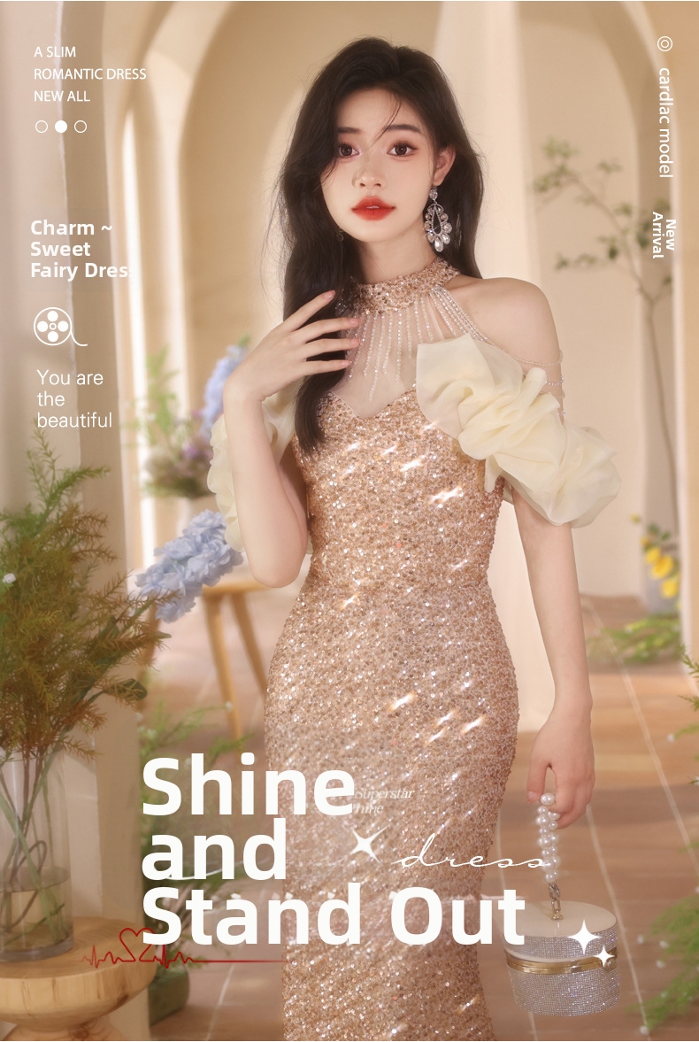 Gold Evening Gown New Style French Sequined Waist Cinching Mermaid Skirt Toasting Banquet Dress Art Exam Wear For Women_ecoleips.com