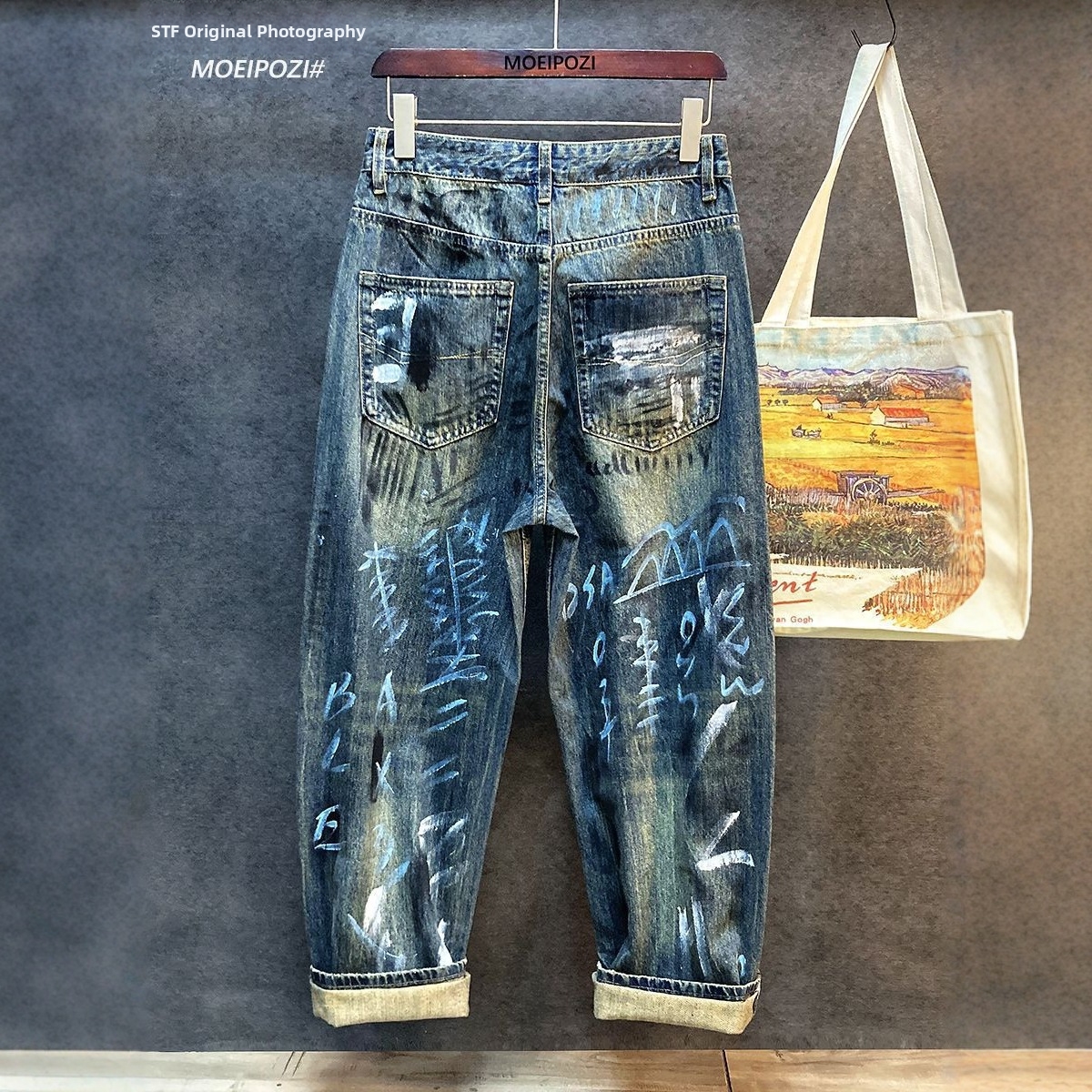 Men's Clothing Trendy Graffiti Printed Loose Straight Leg Jeans Personalized Washed Trousers Streetwear Jeans_mkmklike.com