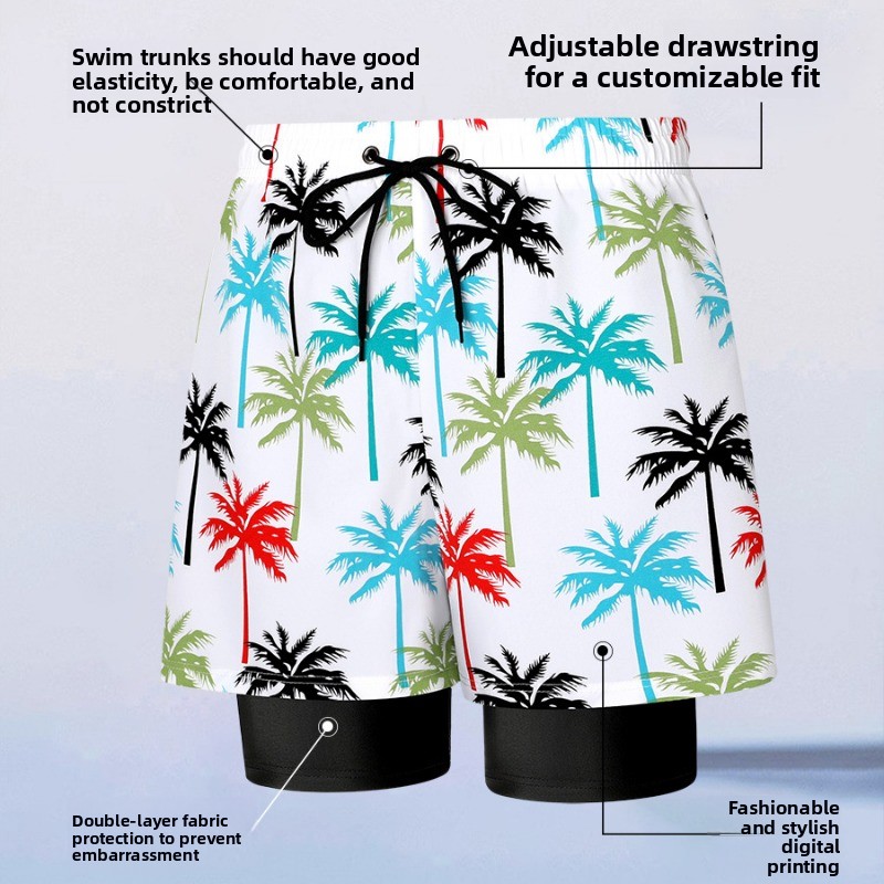 Men's Double Layer Swim Shorts With Coconut Tree Print_voghion.com