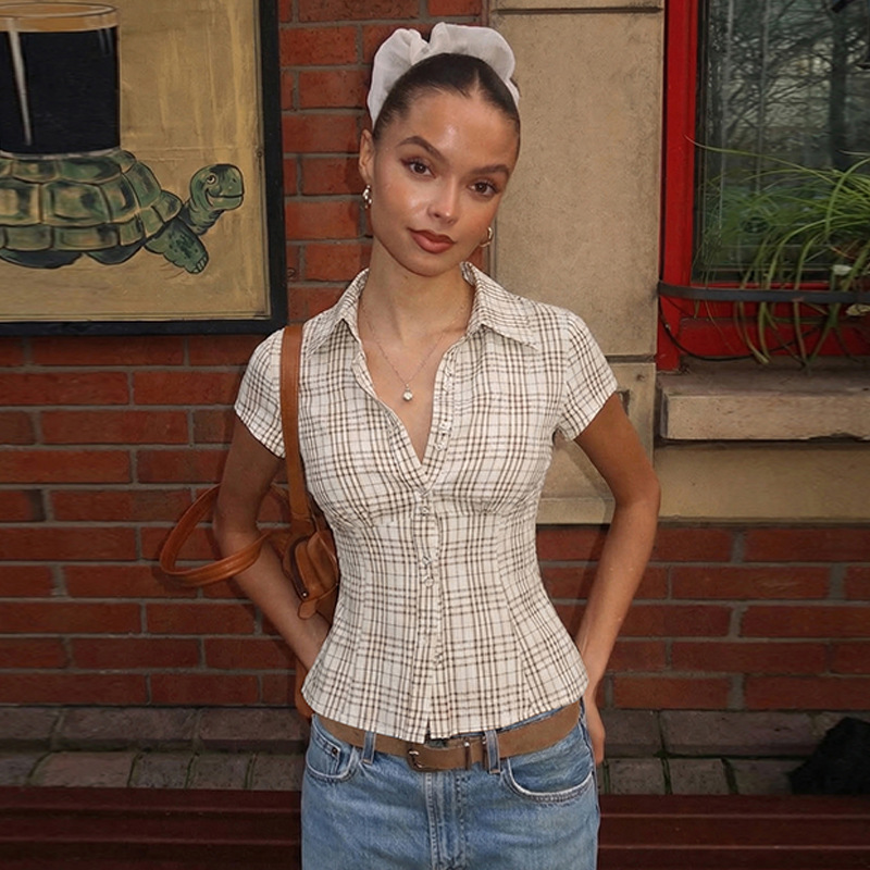Women's French Style Plaid Shirt Button Down Short Sleeved Top Casual Cardigan Winter New Arrival Hot Selling_ecoleips.com