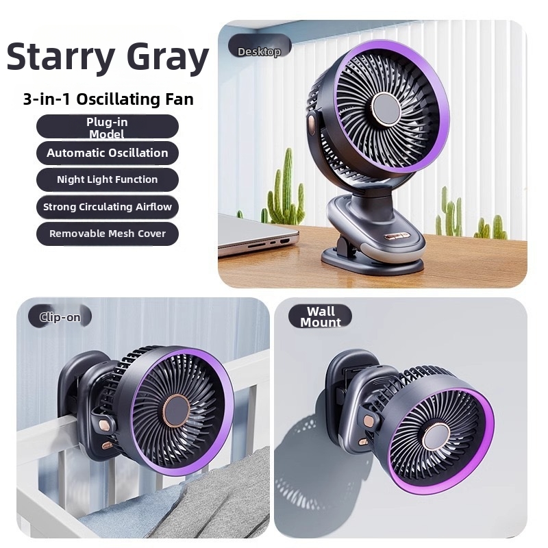 Ventilatore a clip con luce notturna, mini USB ricaricabile, silenzioso, da parete o da tavolo, per la circolazione dell'aria._voghion.com